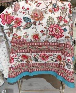 Copritutto floreale cotone Blanc Mariclo 180x260 cm con bordo azzurro
