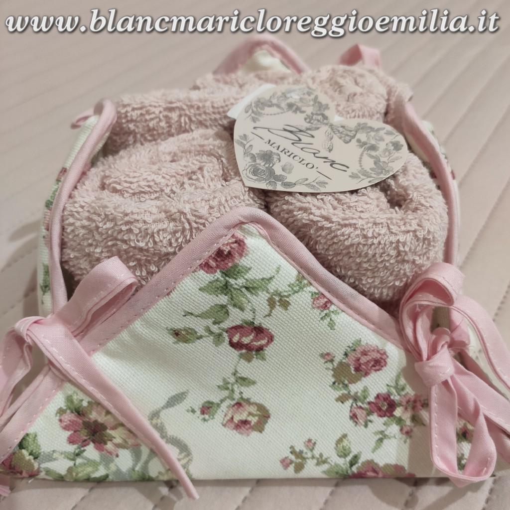 Cestino con 4 lavette Blanc Mariclo Flowers spugna rosa con bordo bianco
