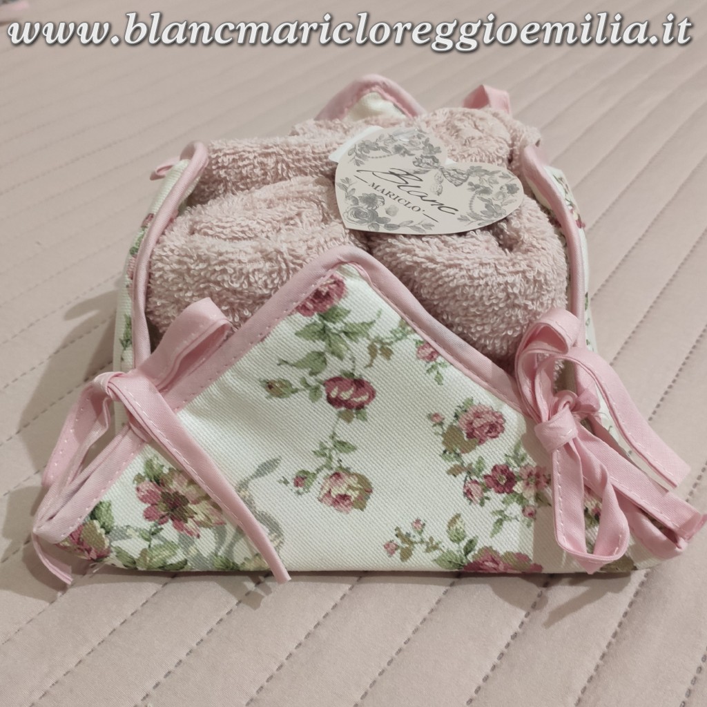 Cestino con 4 lavette Blanc Mariclo Flowers spugna rosa con bordo bianco